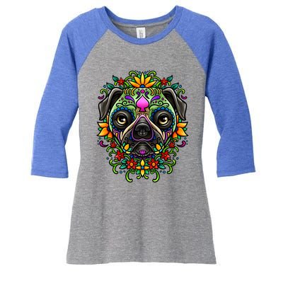 Day Of The Dead Pug Detailed Colorful Illustration Cool Gift Women's Tri-Blend 3/4-Sleeve Raglan Shirt