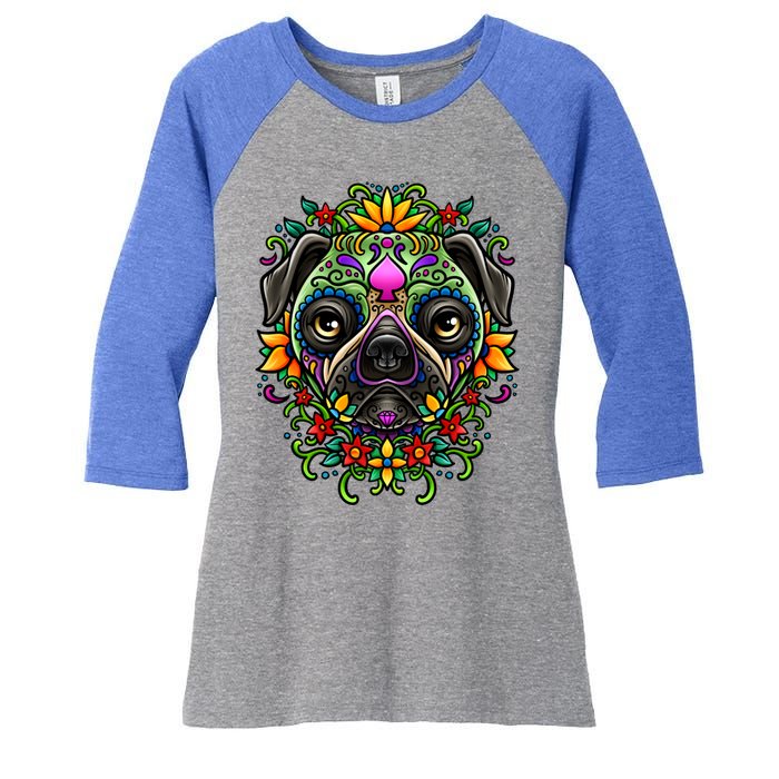 Day Of The Dead Pug Detailed Colorful Illustration Cool Gift Women's Tri-Blend 3/4-Sleeve Raglan Shirt