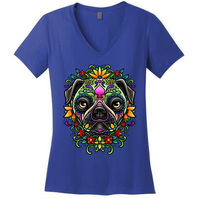 Day Of The Dead Pug Detailed Colorful Illustration Cool Gift Women's V-Neck T-Shirt