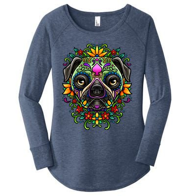 Day Of The Dead Pug Detailed Colorful Illustration Cool Gift Women's Perfect Tri Tunic Long Sleeve Shirt