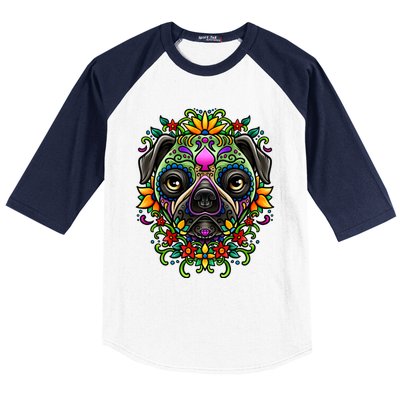 Day Of The Dead Pug Detailed Colorful Illustration Cool Gift Baseball Sleeve Shirt