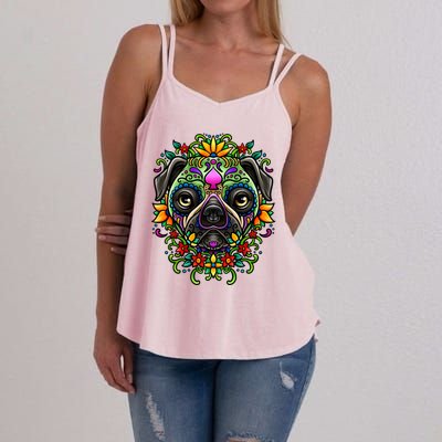 Day Of The Dead Pug Detailed Colorful Illustration Cool Gift Women's Strappy Tank