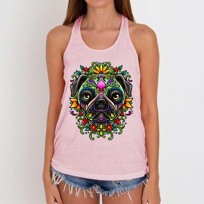 Day Of The Dead Pug Detailed Colorful Illustration Cool Gift Women's Knotted Racerback Tank