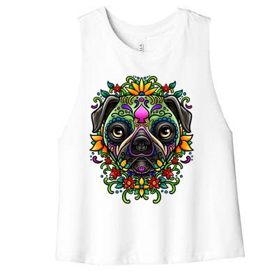 Day Of The Dead Pug Detailed Colorful Illustration Cool Gift Women's Racerback Cropped Tank