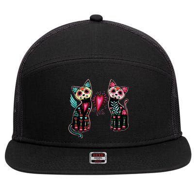 Day Of The Dead Cats Cat Lovers Dia De Los Muertos 7 Panel Mesh Trucker Snapback Hat