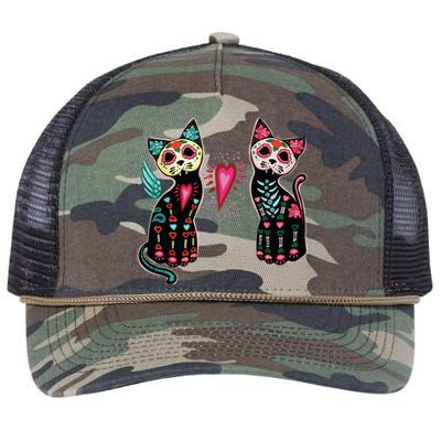 Day Of The Dead Cats Cat Lovers Dia De Los Muertos Retro Rope Trucker Hat Cap