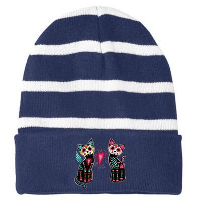 Day Of The Dead Cats Cat Lovers Dia De Los Muertos Striped Beanie with Solid Band