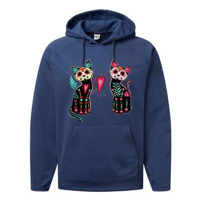 Day Of The Dead Cats Cat Lovers Dia De Los Muertos Performance Fleece Hoodie