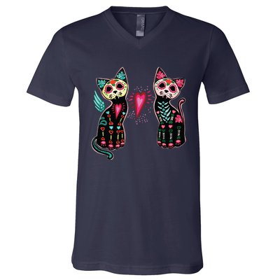 Day Of The Dead Cats Cat Lovers Dia De Los Muertos V-Neck T-Shirt