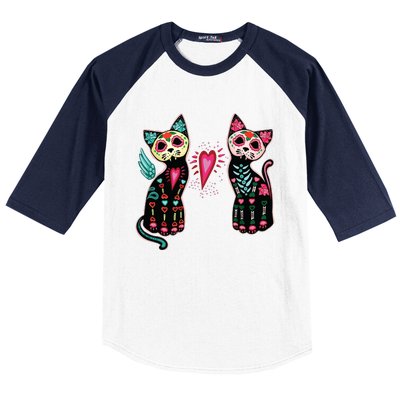 Day Of The Dead Cats Cat Lovers Dia De Los Muertos Baseball Sleeve Shirt