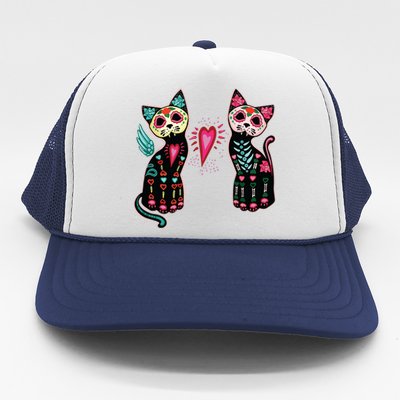 Day Of The Dead Cats Cat Lovers Dia De Los Muertos Trucker Hat