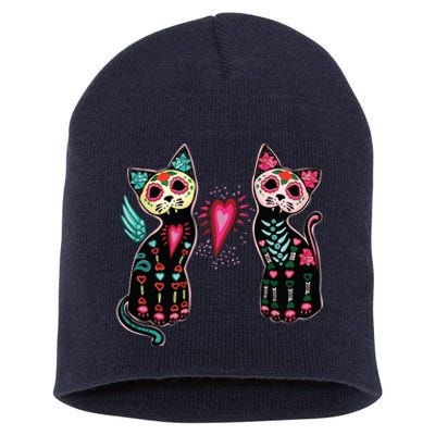 Day Of The Dead Cats Cat Lovers Dia De Los Muertos Short Acrylic Beanie