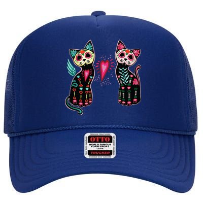 Day Of The Dead Cats Cat Lovers Dia De Los Muertos High Crown Mesh Back Trucker Hat