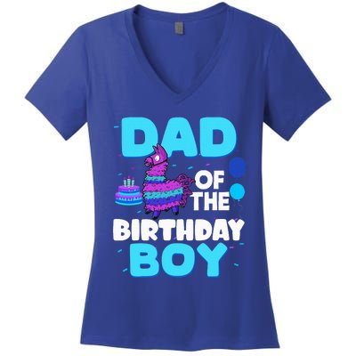 Dad Of The Birthday Boy Llama Dad And Mom Family Party Women's V-Neck T-Shirt