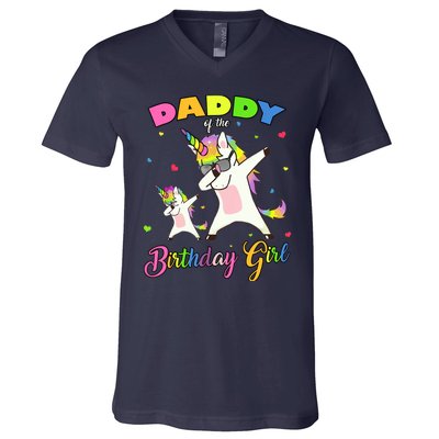 Daddy of the Birthday Girl Dabbing Unicorn Princess and Dad V-Neck T-Shirt