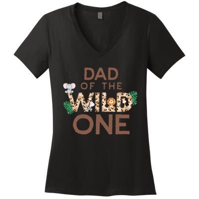 Dad Of The Wild One Animal Safari 1st Birthday Theme Family Women's V-Neck T-Shirt