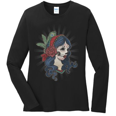 Day Of The Dead Girl With Flower Graphic Ladies Long Sleeve Shirt