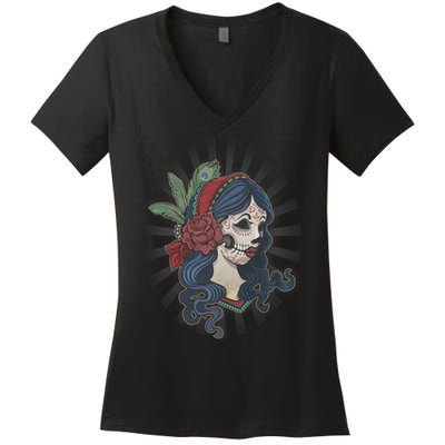 Day Of The Dead Girl With Flower Graphic Women's V-Neck T-Shirt