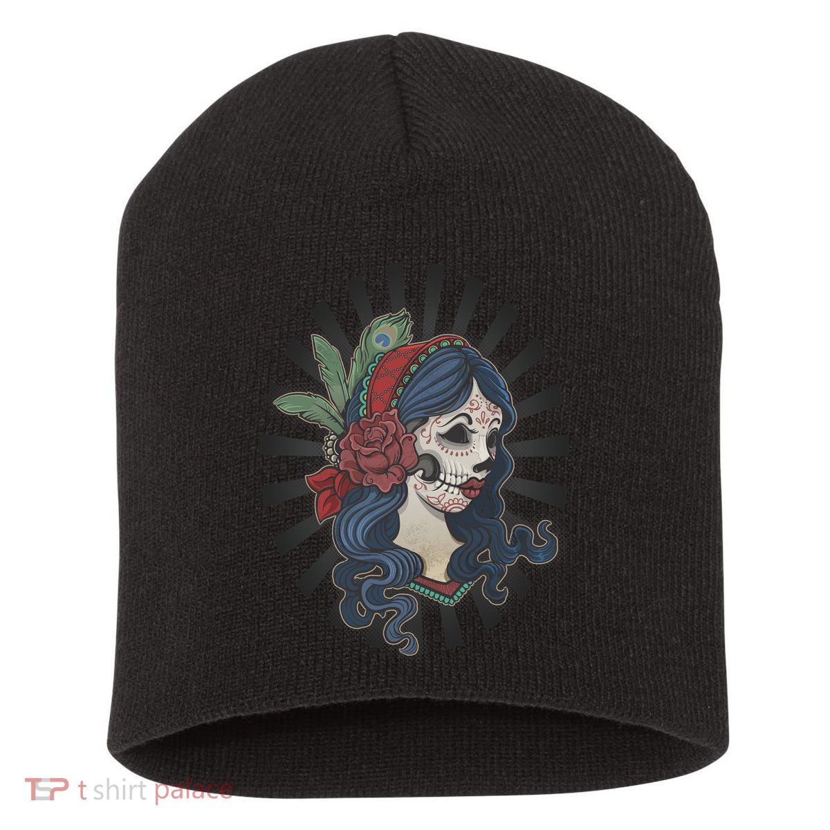Day Of The Dead Girl With Flower Graphic Short Acrylic Beanie