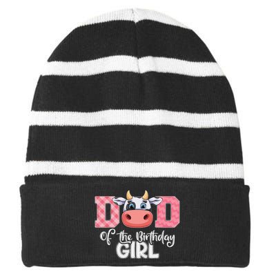 Dad of The Birthday Cow Family Cow Farm Matching Striped Beanie with Solid Band