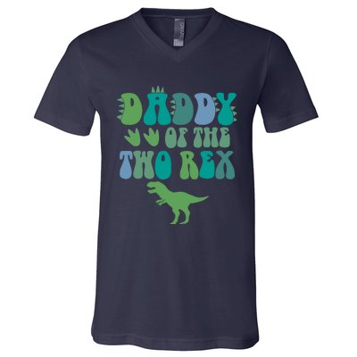 Daddy Of The Two Rex Birthday Boy Trex Dinosaur Dad Papa V-Neck T-Shirt