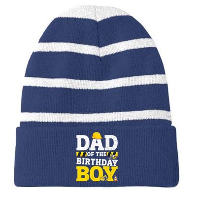 Dad Of The Birthday Boy Matching Family Construction Party Striped Beanie with Solid Band