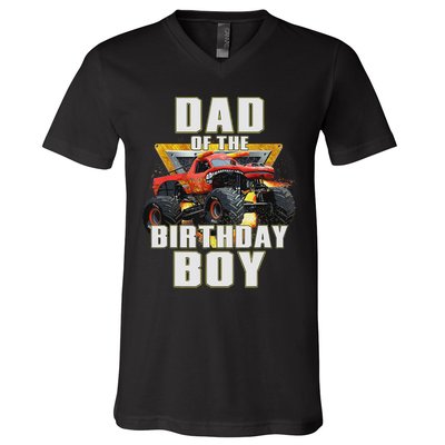 Dad Of The Birthday Boy Monster Truck Birthday Party V-Neck T-Shirt