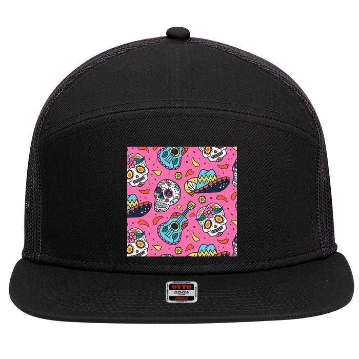 Day Of The Dead Guitar 7 Panel Mesh Trucker Snapback Hat