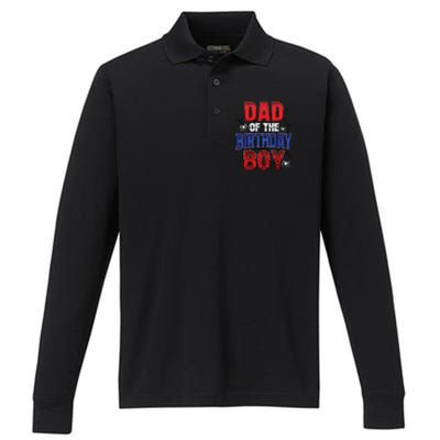 Dad Of The Birthday Boy Matching Family Spider Web Performance Long Sleeve Polo