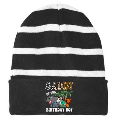 Daddy Of The Birthday Boy Zoo Bday Safari Celebration Striped Beanie with Solid Band