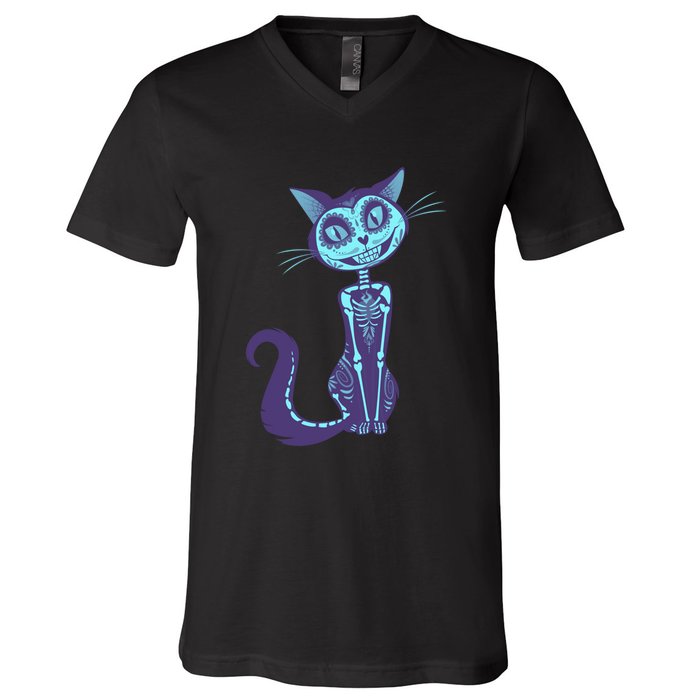 Day Of The Dead Dia De Los Muertos Cat V-Neck T-Shirt