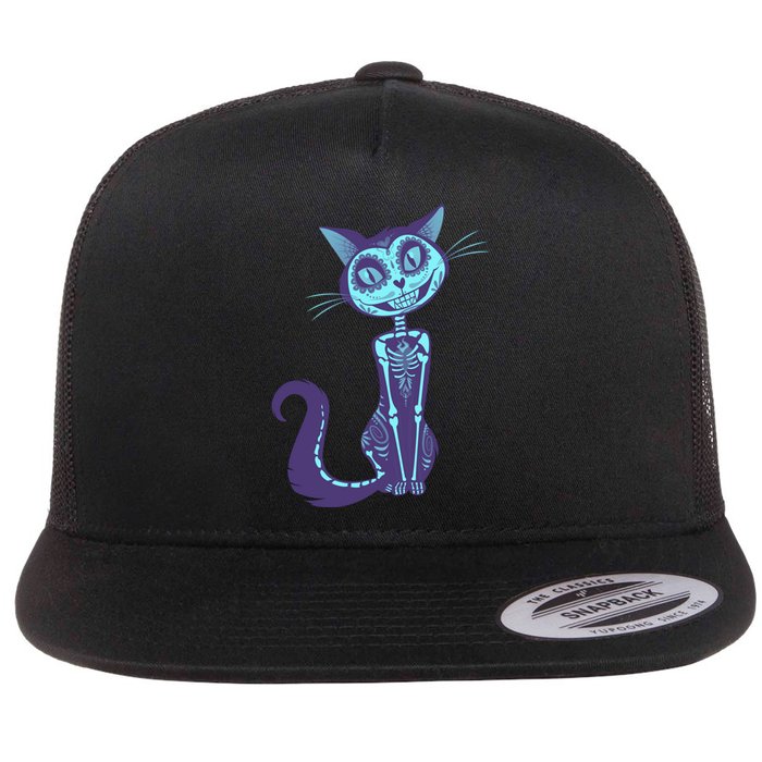 Day Of The Dead Dia De Los Muertos Cat Flat Bill Trucker Hat