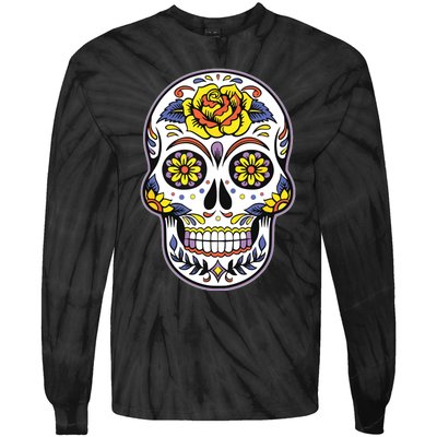 Day Of The Dead Dia De Los Muertos Floral Sugar Skull Tie-Dye Long Sleeve Shirt