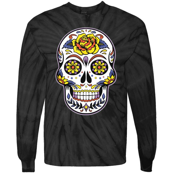 Day Of The Dead Dia De Los Muertos Floral Sugar Skull Tie-Dye Long Sleeve Shirt