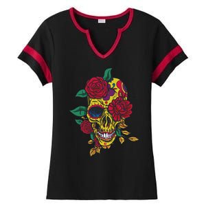 Day Of The Dead Rose Skull Ladies Halftime Notch Neck Tee