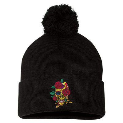 Day Of The Dead Rose Skull Pom Pom 12in Knit Beanie