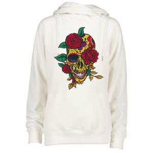 Day Of The Dead Rose Skull Womens Funnel Neck Pullover Hood