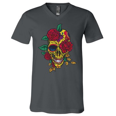 Day Of The Dead Rose Skull V-Neck T-Shirt