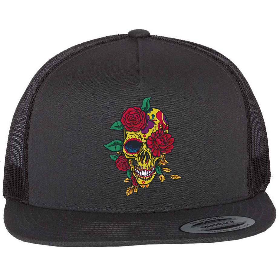 Day Of The Dead Rose Skull Flat Bill Trucker Hat