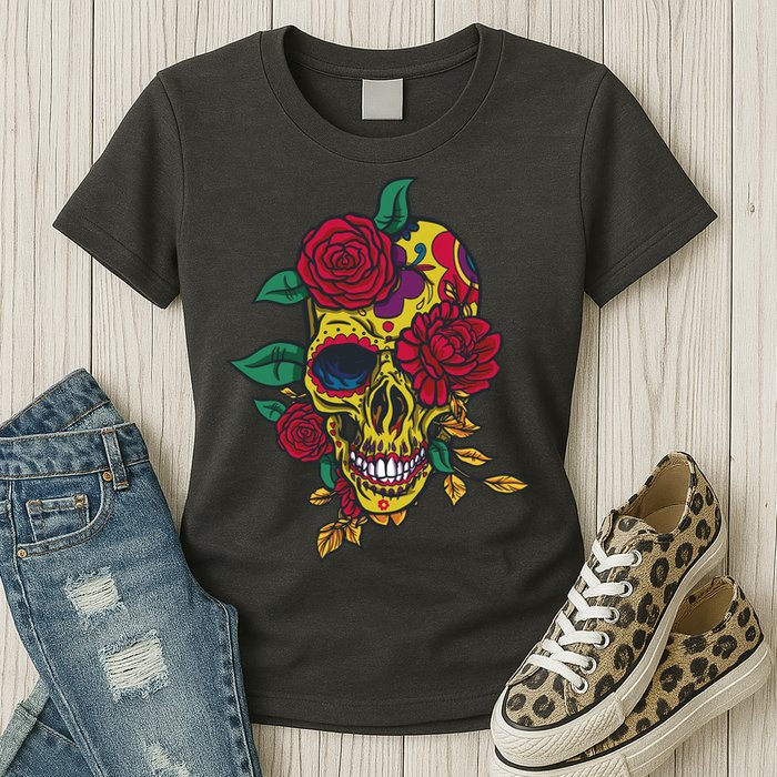 Day Of The Dead Rose Skull Womens T-Shirt