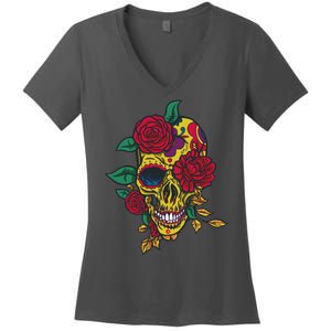 Day Of The Dead Rose Skull Women's V-Neck T-Shirt