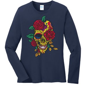 Day Of The Dead Rose Skull Ladies Long Sleeve Shirt