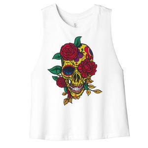 Day Of The Dead Rose Skull Women's Racerback Cropped Tank