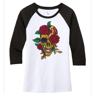 Day Of The Dead Rose Skull Women's Tri-Blend 3/4-Sleeve Raglan Shirt