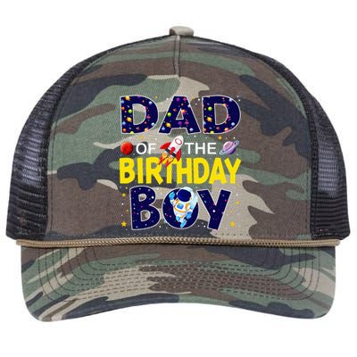 Dad Of The Birthday Boy Outer Space Bday Retro Rope Trucker Hat Cap