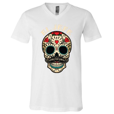 Day Of The Dead Mexico El Jefe Boss Sugar Skull Halloween V-Neck T-Shirt