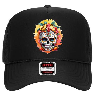 Day of the Dead Colorful Sugar Skull with Fruit High Crown Mesh Back Trucker Hat