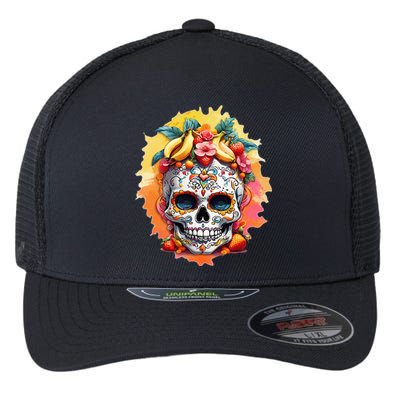 Day of the Dead Colorful Sugar Skull with Fruit Flexfit Unipanel Trucker Cap