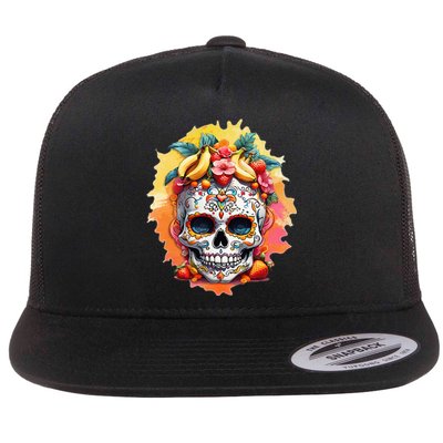 Day of the Dead Colorful Sugar Skull with Fruit Flat Bill Trucker Hat