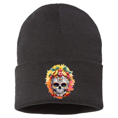 Day of the Dead Colorful Sugar Skull with Fruit Sustainable Knit Beanie